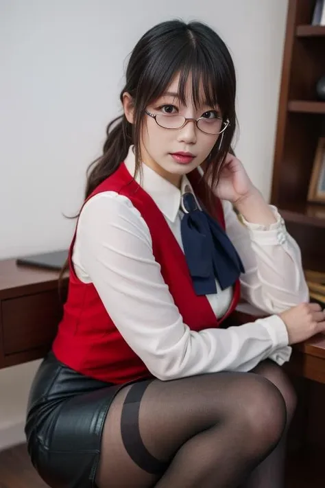 Down blouse, 15 year old female student , munechira,(((Small breasts))),Flat Chest ,avert your eyes, Bend your body , From above , Long skirt, close, necklace ,In the classroom, Detailed Bra Overlap T-Shirt,  short hair,8k, highest quality, masterpiece, Ultra-high resolution, (realism: 1.4), Original photo, (Real skin texture: 1.3)、Red frame glasses