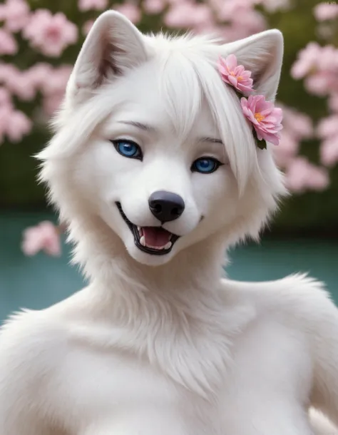 (Highest Quality, 4k, masterpiece, Amazing Details:1.1), laying near a lake,medium breast. deep blue eyes, nude, (full body:1.3) Shallow Depth of Field, E671, lens 50mm f/2.0, (( anthro white wolf female)), thin eyebrows, wavy short hair with flower hair ornament, (realistic white fur, detailed fur texture:1.2), ((photorealistic) (RAW Photo)), fangs , open mouth