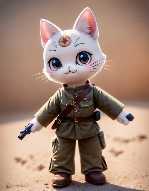 ((a cute cat soldier)), majestic, (fighting in WW1 trenches), warzone, explosions, masterpiece, best quality, Sticker, Cute sticker, Kawaii sticker, die-cut, plain background, illustration minimalism, vector, pastel colors, kawaii, high quality photography, 3 point lighting, flash with softbox, 4k, Canon EOS R3, hdr, smooth, sharp focus, high resolution, award winning photo, 80mm, f2.8, bokeh