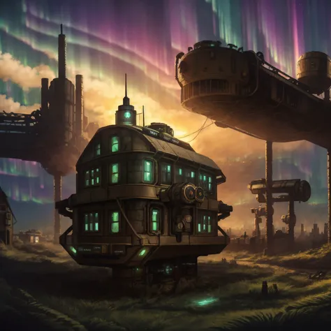 (((robot house:1.2))), (epic post apocalyptic destroyes city overgrown ruins), detailed background, amazing fine detail, RAW photo, Nikon D850 film stock photograph Kodak Portra 400 camera f1.6 lens, rich colors, lifelike texture, dramatic lighting, unreal engine, trending on ArtStation, cinestill 800 tungsten, ((new dawn on horizon)), (aurora borealis), ((dieselpunk:1.3)), high quality photography, 3 point lighting, flash with softbox, 4k, Canon EOS R3, hdr, smooth, sharp focus, high resolution, award winning photo, 80mm, f2.8, bokeh