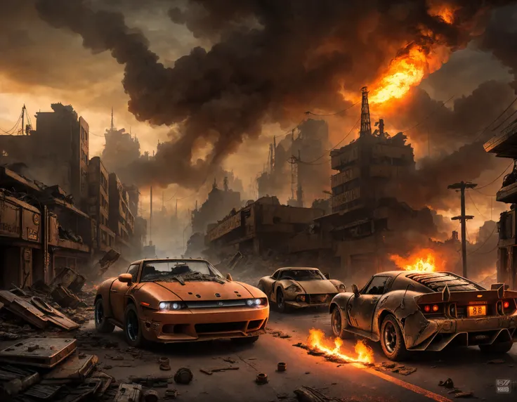 ((detailed dieselpunk sports cars)), destroyed city after nuclear blast, post apocalyptic, warzone, fire , smoke, high quality photography, 3 point lighting, flash with softbox, 4k, Canon EOS R3, hdr, smooth, sharp focus, high resolution, award winning photo, 80mm, f2.8, bokeh