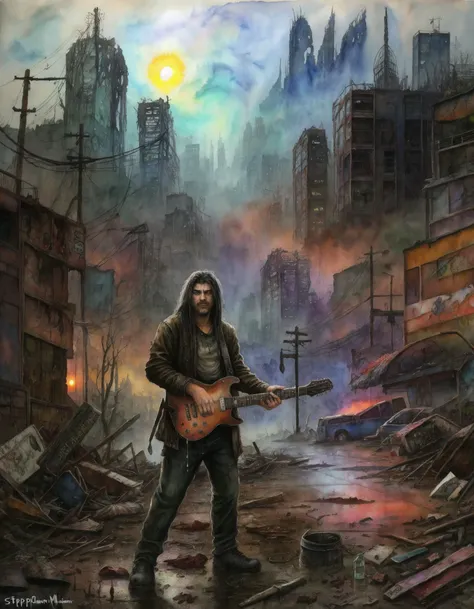 A black metal guy plays his guitar on the last day on earth , post-apocalyptic destroyed city background (colorful aquarell ), ((new dawn), Style of stephen gammell, watercolors, black and white, swamp, shadowy creatures, dripping, infected