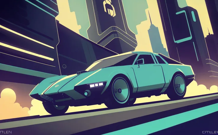 8k, masterpiece, beautiful car, best quality, beautiful composition, amazing design, cyan futuristic concept of an Off-road (FSO Polonez:1.2) riding through Warsaw city in (cyberpunk|dieselpunk) by style by tom whalen, full shot, dutch angle, (HyperStylizeV6:0.8)<lora:epiNoiseoffset_v2:0.6><lora:anime_minimalist_v1-000020:1><lora:SydMead_style:0.6>