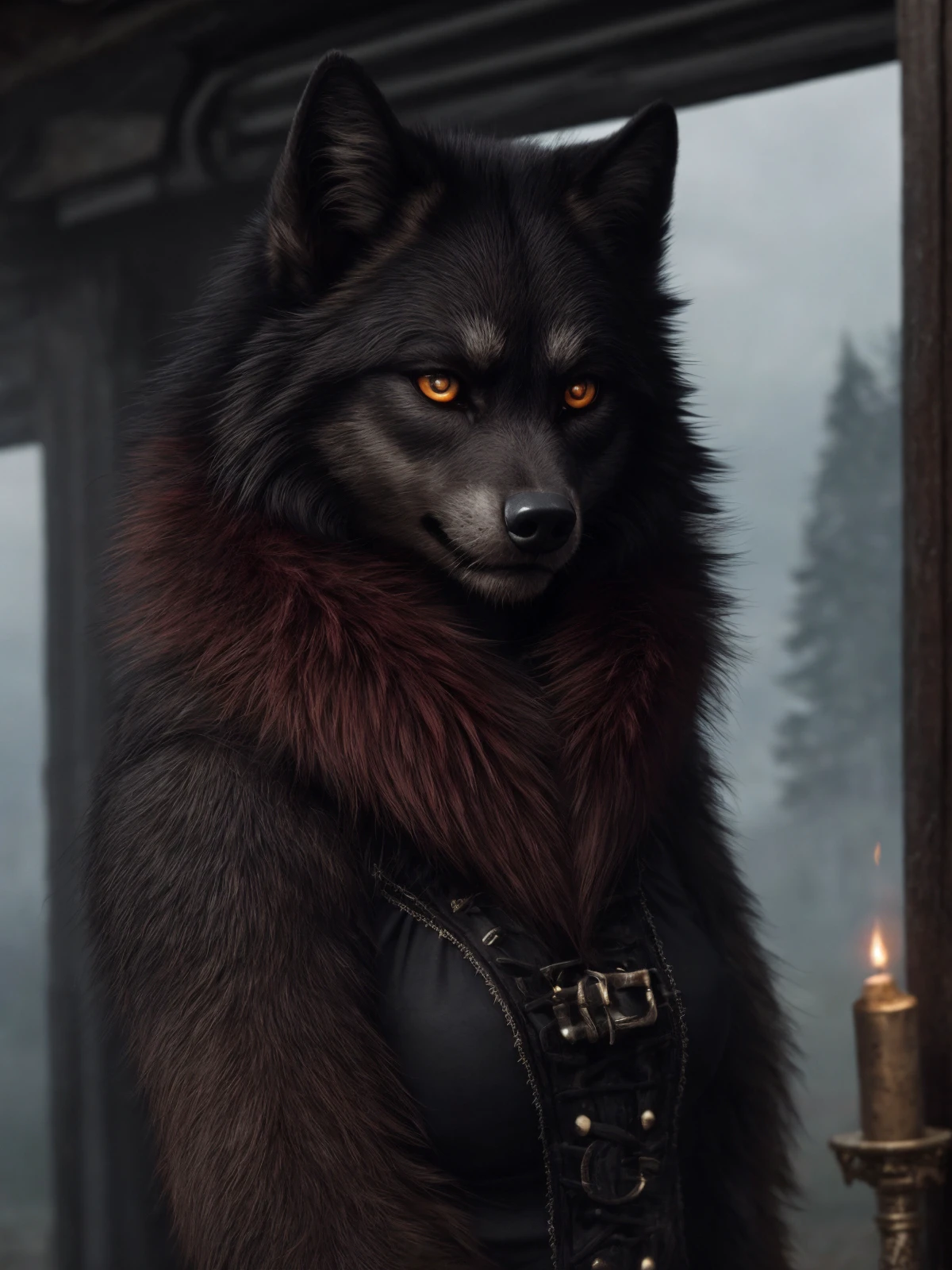 (Highest Quality, 4k, masterpiece, Amazing Details:1.1), standing, post apocalypitic background at dawn, wearing wear out gothic clothes ,medium breast, Shallow Depth of Field, E671, lens 50mm f/2.0, (( anthro black wolf female )), pircings, red glowing snake eyes, (realistic fur, detailed fur texture:1.2),studded bracelet, ((photorealistic) (RAW Photo)), (on the last day on eath), angry, evil smile, ((gothic car))