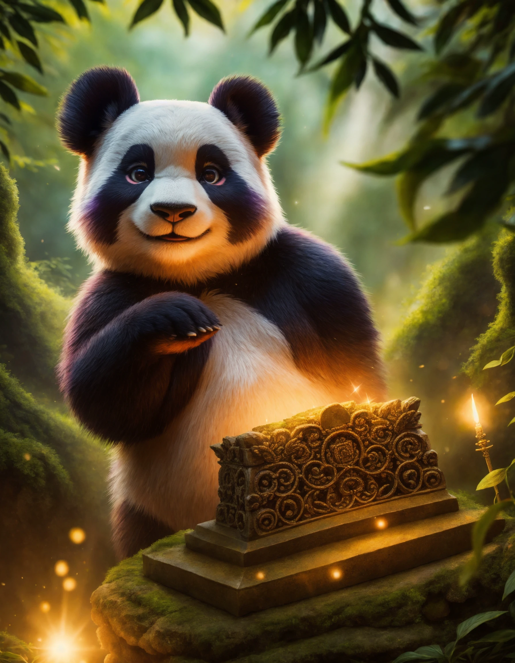 ethereal fantasy concept art of (a cute panda), epic overgrown temple ruin, epic scene, lush plants,dynamic camera, backlight, (close up:1.3), high quality photography, 3 point lighting, flash with softbox, 4k, Canon EOS R3, hdr, smooth, sharp focus, high resolution, award winning photo, 80mm, f2.8, bokeh
BREAK
(masterpiece, best quality, ultra realistic, 4k, 2k, (intricate, high detail:1.2), film photography, soft focus,
RAW photo, photorealistic, analog style, subsurface scattering, photorealism, absurd res), high quality photography, 3 point lighting, flash with softbox, 4k, Canon EOS R3, hdr, smooth, sharp focus, high resolution, award winning photo, 80mm, f2.8, bokeh . magnificent, celestial, ethereal, painterly, epic, majestic, magical, fantasy art, cover art, dreamy
