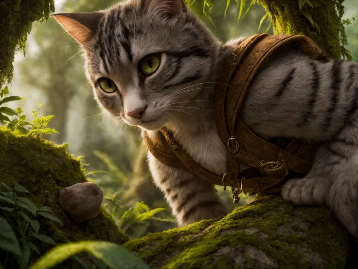 (a cat_adventurer), (adventurer outfit), searching for treasure, epic overgrown temple ruin, epic scene, lush plants,dynamic camera, backlight, (close up:1.3), high quality photography, 3 point lighting, flash with softbox, 4k, Canon EOS R3, hdr, smooth, sharp focus, high resolution, award winning photo, 80mm, f2.8, bokeh