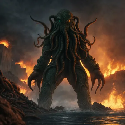 ((detailed cthulhu )), wearing runes armor, ragnark, destroyed city after nuclear blast flodded with ((black water:1.2)), post apocalyptic, warzone, fire , smoke
BREAK
(masterpiece, best quality, ultra realistic, 4k, 2k, (intricate, high detail:1.2), film photography, soft focus,
RAW photo, photorealistic, analog style, subsurface scattering, photorealism, absurd res)