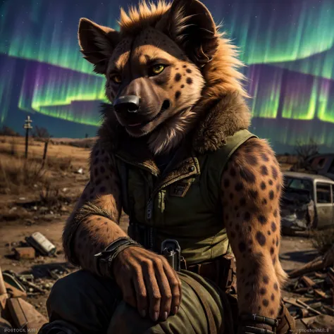 (Highest Quality, 4k, masterpiece:1.1), (realism, photorealistic:1.4), ray traced, hyper realism, soft lighting, detailed background, film grain
BREAK
(beutiful anthro hyena), ((wearing post apocalyptic outfit:1.2)), medium breast inside a destroyed city after nuclear blast, sitting on a ammonition chest,looking down from a hill, holding a gun, looking angry, (perfect anatomy), (aurora borealis), (close up:1.3), high quality photography, 3 point lighting, flash with softbox, 4k, Canon EOS R3, hdr, smooth, sharp focus, high resolution, award winning photo, 80mm, f2.8, bokeh