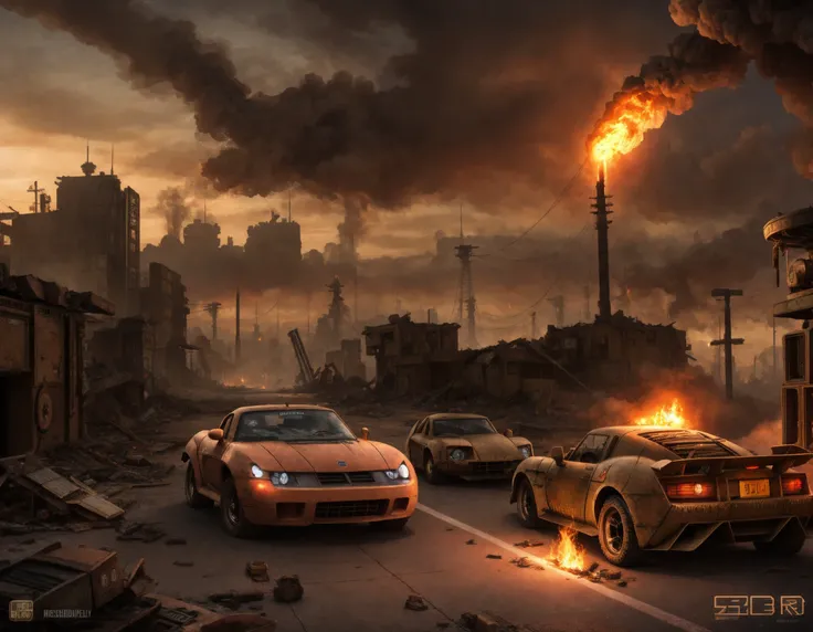 ((detailed dieselpunk sports cars)), destroyed city after nuclear blast, post apocalyptic, warzone, fire , smoke, high quality photography, 3 point lighting, flash with softbox, 4k, Canon EOS R3, hdr, smooth, sharp focus, high resolution, award winning photo, 80mm, f2.8, bokeh