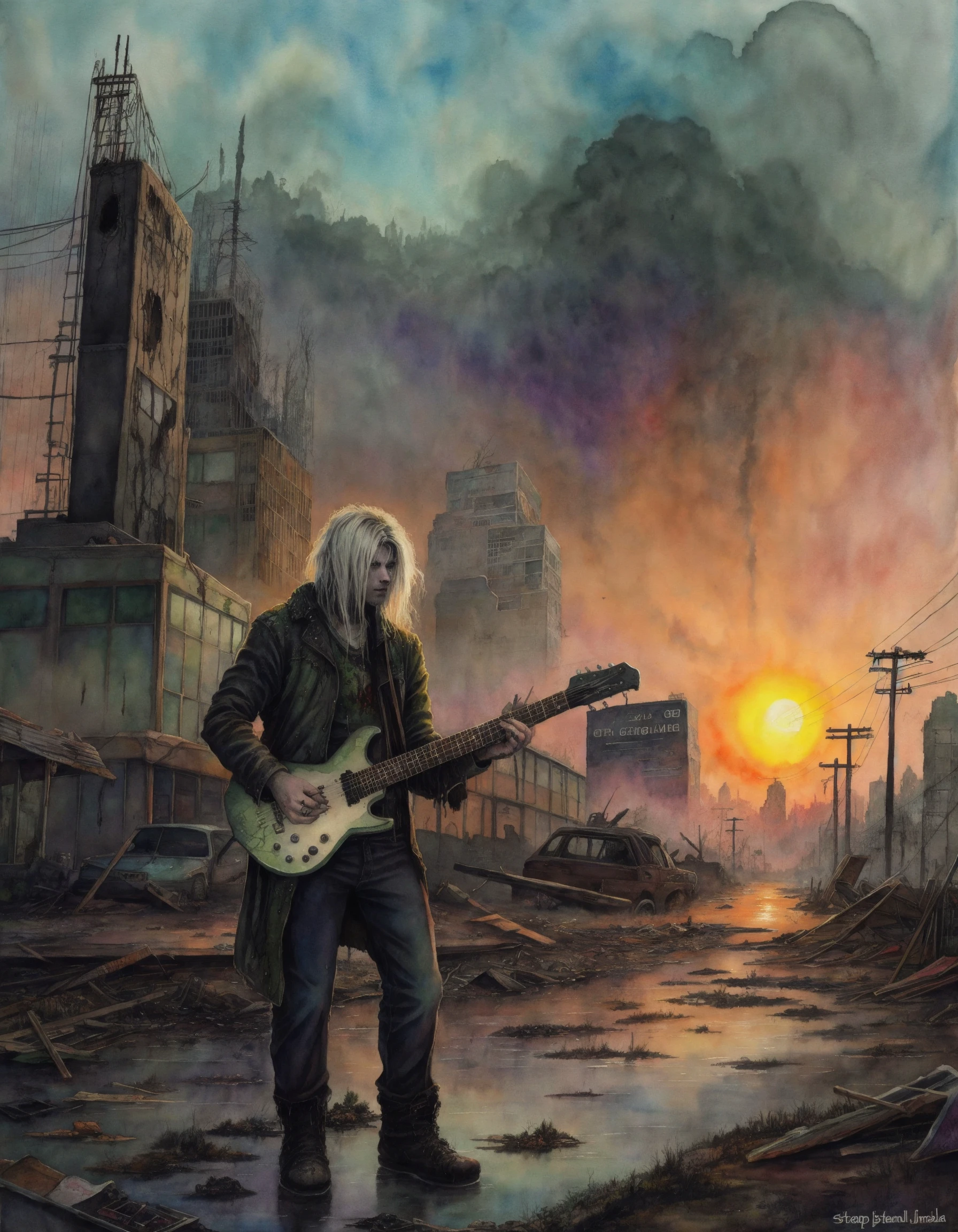 A black metal guy plays his guitar on the last day on earth , post-apocalyptic destroyed city background (colorful aquarell ), ((new dawn), Style of stephen gammell, watercolors, black and white, swamp, shadowy creatures, dripping, infected