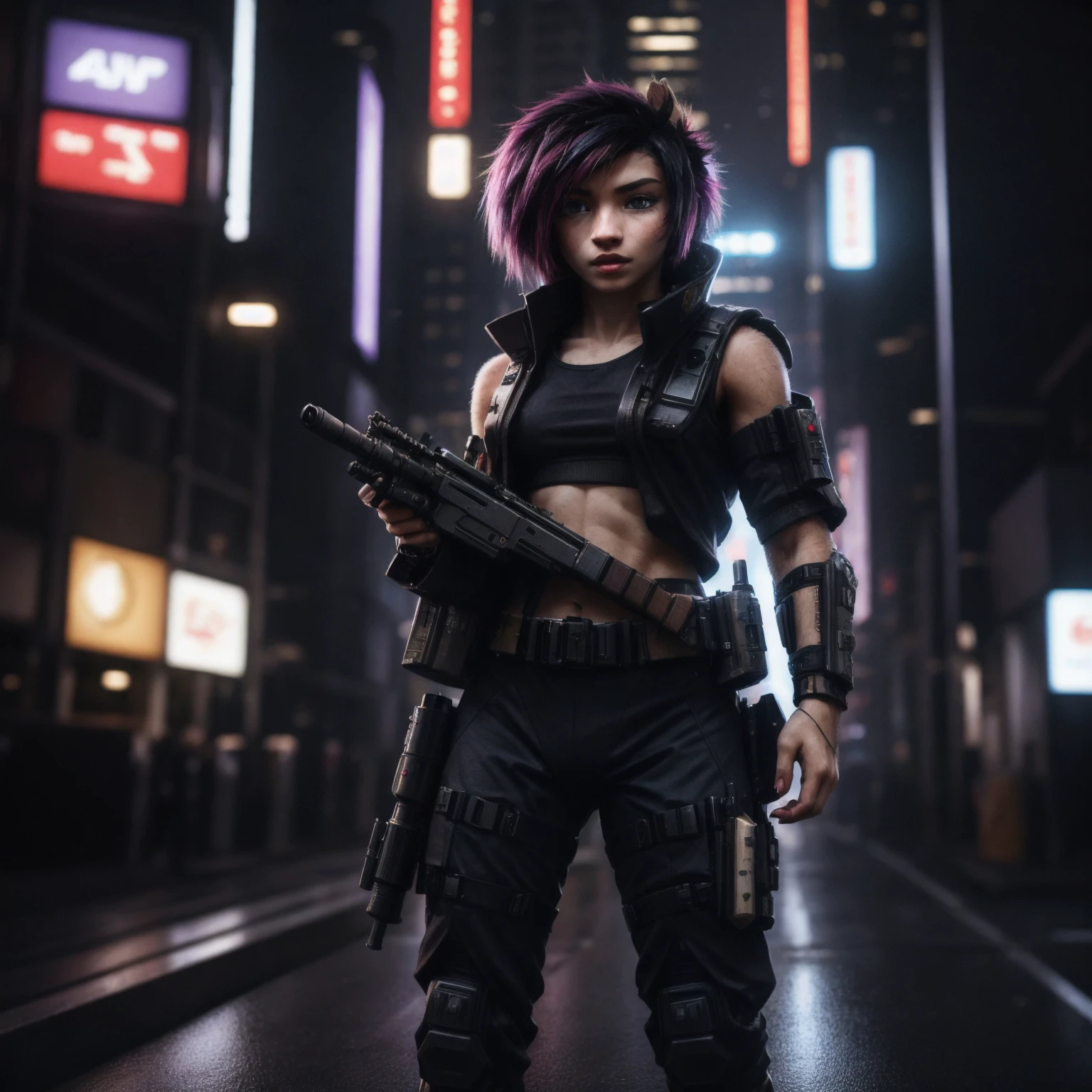 (Highest Quality, 4k, masterpiece, Amazing Details:1.1), cyberpunk soldier ((dieselpunk)) woman (neo tokyo cyberpunk). holding a gun, in a dynamic epic gunfight, post apocalyptic outfit, (full body:1.3) Shallow Depth of Field, E671, lens 50mm f/2.0, (photorealistic:1.3), ((raw photo)), high quality photography, 3 point lighting, flash with softbox, 4k, Canon EOS R3, hdr, smooth, sharp focus, high resolution, award winning photo, 80mm, f2.8, bokeh