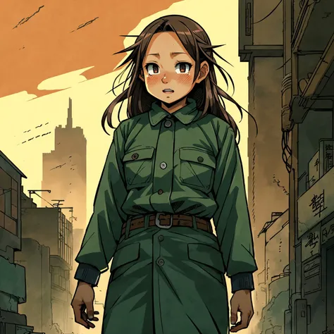 (beautiful woman), postapocalyptic, epic scene,, (Anime Scene, Toonshading, Satoshi Kon, Ken Sugimori, Hiromu Arakawa:1.2), (Anime Style, Manga Style:1.3), Low detail, sketch, concept art, line art, webtoon, manhua, hand drawn, defined lines, simple shades, minimalistic, High contrast, Linear compositions, Scalable artwork, Digital art, High Contrast Shadows, glow effects, humorous illustration, big depth of field, Masterpiece, colors, concept art, trending on artstation, Vivid colors, dramatic
