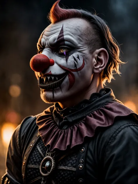 (Highest Quality, 4k, masterpiece, Amazing Details:1.1), standing, post apocalypitic background at dawn, wearing wear out gothic clothes, Shallow Depth of Field, E671, lens 50mm f/2.0, ((male_horror_clown)), pircings, tatoos, red glowing snake eyes, (realistic scales, detailed scales texture:1.2),studded bracelet, ((photorealistic) (RAW Photo)), (on the last day on eath), angry, evil smile, ((gothic)), high quality photography, 3 point lighting, flash with softbox, 4k, Canon EOS R3, hdr, smooth, sharp focus, high resolution, award winning photo, 80mm, f2.8, bokeh