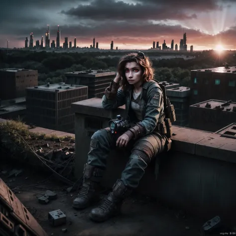 An 18 year old  woman postapocalyptic outfit, siting on a ((((enigma ))) device , (epic post apocalyptic destroyes city overgrown ruins), detailed background,  red eyes, close-up, amazing fine detail, RAW photo, Nikon D850 film stock photograph Kodak Portra 400 camera f1.6 lens, rich colors, lifelike texture, dramatic lighting, unreal engine, trending on ArtStation, cinestill 800 tungsten, ((new dawn on horizon))