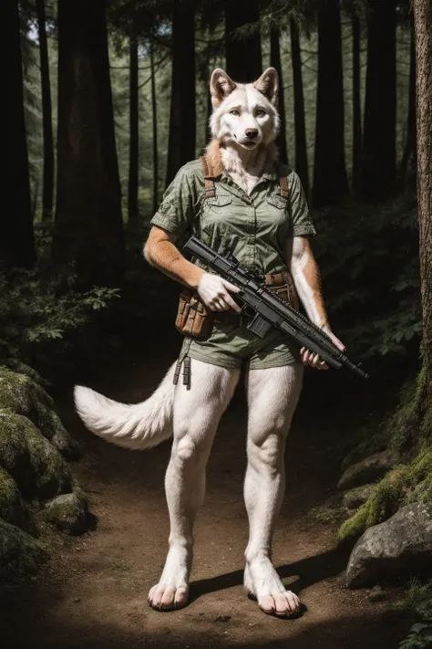 RAW photo, a portrait photo of anthro white wolf woman, traveler clothes, standing in the forest,holding a gun, ((natural fur, detailed fur, realistic fur)), ((paws)), 8k uhd, high quality, film grain, Fujifilm XT3