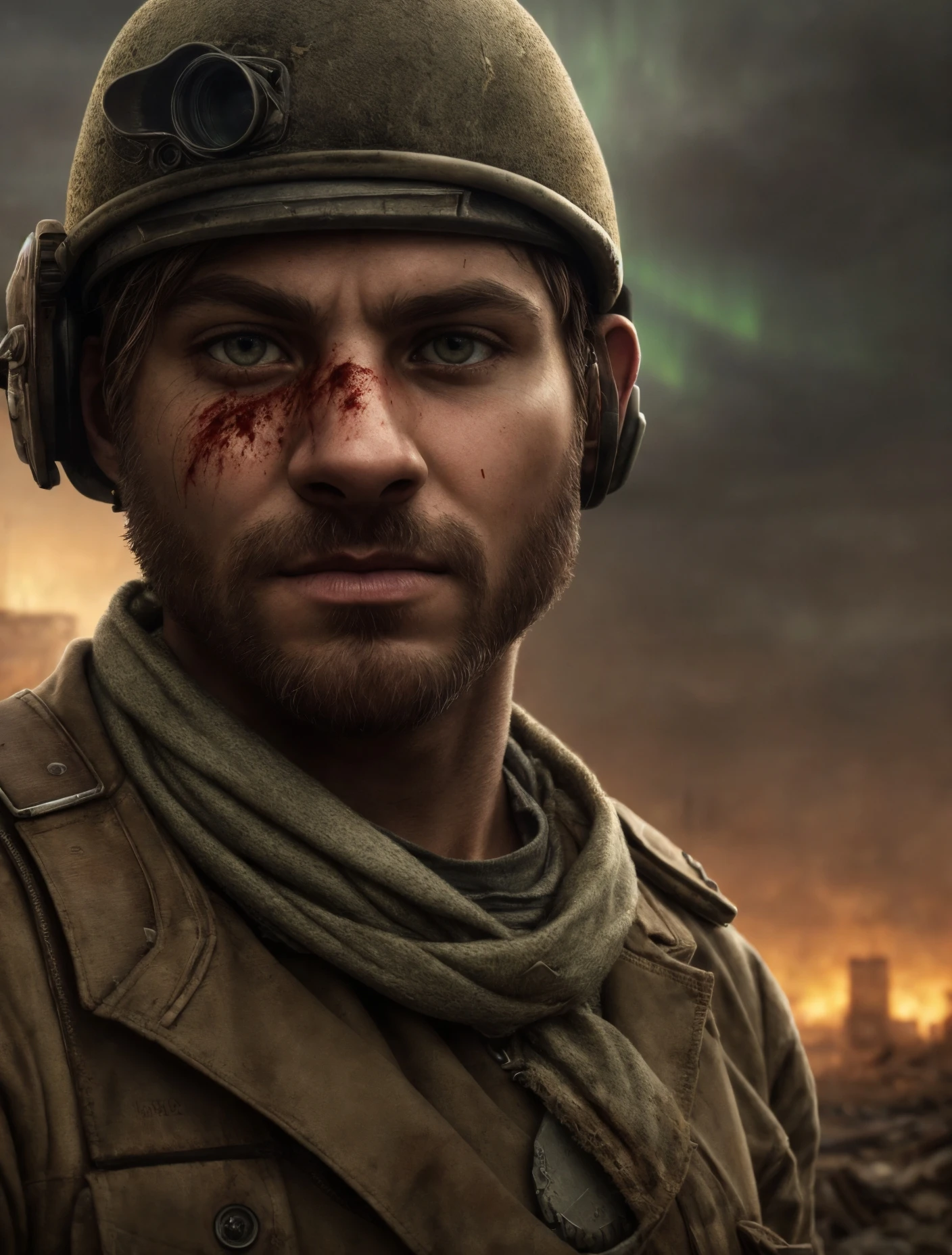 (post apocalyptic man) ,wearing post apocalyptic clothes ,(destroyed city after nuclear blast),warzone, (post apocalyptic), looking down a hill, spicked necklance, holding a gun, sitting on a dieselpunk car, covered in blood, horror, newdawn, aurora borealis
BREAK
(masterpiece, best quality, ultra realistic, 4k, 2k, (intricate, high detail:1.2), film photography, soft focus,
RAW photo, photorealistic, analog style, subsurface scattering, photorealism, absurd res), ((closeup))