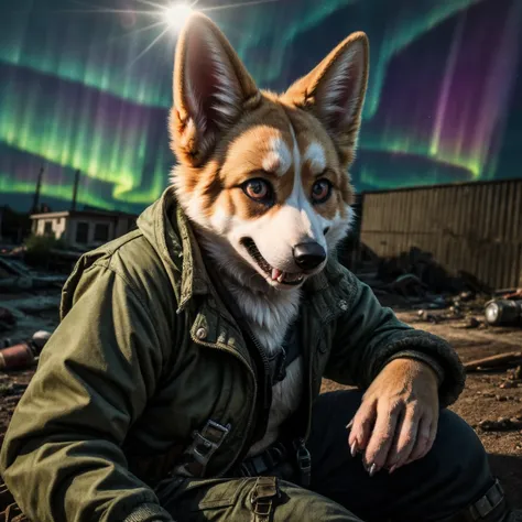 (Highest Quality, 4k, masterpiece:1.1), (realism, photorealistic:1.4), ray traced, hyper realism, soft lighting, detailed background, film grain, (detailed fur texture:1.3),
BREAK
(anthro female corgi), ((wearing post apocalyptic outfit:1.2)), inside a destroyed city after nuclear blast, sitting on a ammonition chest,looking down from a hill, holding a gun, looking angry, visible fangs (perfect anatomy),((paws)), (aurora borealis), (close up:1.3), high quality photography, 3 point lighting, flash with softbox, 4k, Canon EOS R3, hdr, smooth, sharp focus, high resolution, award winning photo, 80mm, f2.8, bokeh