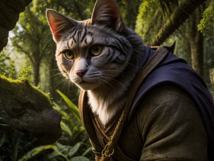 (a cat_adventurer), (adventurer outfit), searching for treasure, epic overgrown temple ruin, epic scene, lush plants,dynamic camera, backlight, (close up:1.3), high quality photography, 3 point lighting, flash with softbox, 4k, Canon EOS R3, hdr, smooth, sharp focus, high resolution, award winning photo, 80mm, f2.8, bokeh