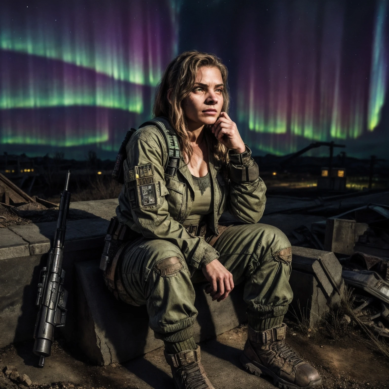 (Highest Quality, 4k, masterpiece:1.1), (realism, photorealistic:1.4), ray traced, hyper realism, soft lighting, detailed background, film grain
BREAK
(beutiful woman), ((wearing post apocalyptic outfit:1.2)), medium breast inside a destroyed city after nuclear blast, sitting on a ammonition chest,looking down from a hill, holding a gun, looking angry, (perfect anatomy), (aurora borealis), (close up:1.3)