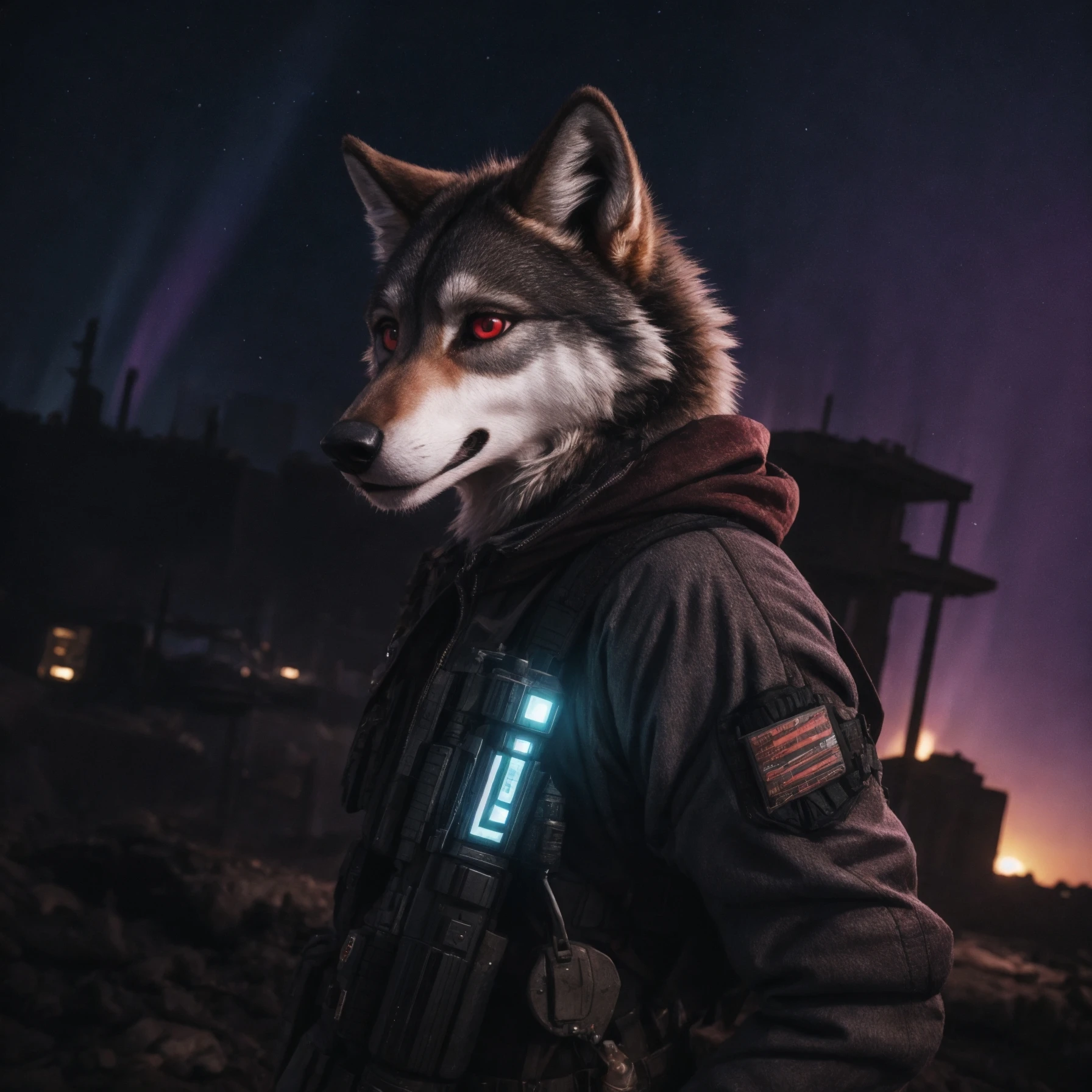((anthro female wolf)), wearing (glowing postapocalyptic outfit), holding a mystical gun,(epic post apocalyptic destroyes city overgrown ruins), detailed background, red eyes, close-up, amazing fine detail, RAW photo, Nikon D850 film stock photograph Kodak Portra 400 camera f1.6 lens, rich colors, lifelike texture, dramatic lighting, unreal engine, trending on ArtStation, cinestill 800 tungsten, ((new dawn on horizon)) (aurora borealis)), mystic smog, ((closeup)), high quality photography, 3 point lighting, flash with softbox, 4k, Canon EOS R3, hdr, smooth, sharp focus, high resolution, award winning photo, 80mm, f2.8, bokeh
