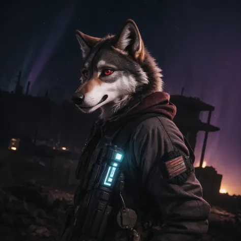 ((anthro female wolf)), wearing  (glowing postapocalyptic outfit), holding a mystical gun,(epic post apocalyptic destroyes city overgrown ruins), detailed background,  red eyes, close-up, amazing fine detail, RAW photo, Nikon D850 film stock photograph Kodak Portra 400 camera f1.6 lens, rich colors, lifelike texture, dramatic lighting, unreal engine, trending on ArtStation, cinestill 800 tungsten, ((new dawn on horizon)) (aurora borealis)), mystic smog, ((closeup)), high quality photography, 3 point lighting, flash with softbox, 4k, Canon EOS R3, hdr, smooth, sharp focus, high resolution, award winning photo, 80mm, f2.8, bokeh