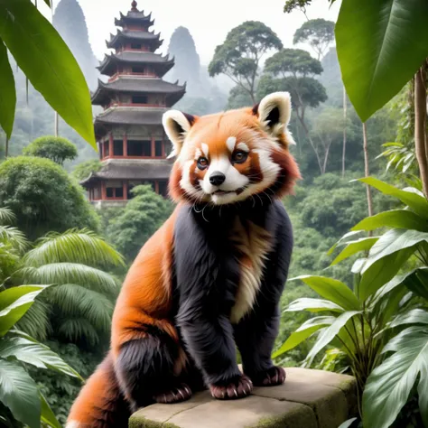 ((fluffy)) red panda in a jungle overgrown temple in background