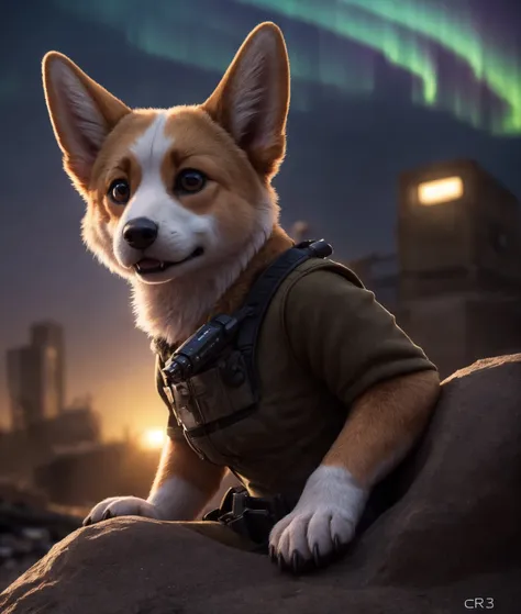 (Highest Quality, 4k, masterpiece:1.1), (realism, photorealistic:1.4), ray traced, hyper realism, soft lighting, detailed background, film grain, (detailed fur texture:1.3),
BREAK
(anthro female corgi), ((wearing post apocalyptic outfit:1.2)), inside a destroyed city after nuclear blast, sitting on a ammonition chest,looking down from a hill, holding a gun, looking angry, visible fangs (perfect anatomy),((paws)), (aurora borealis), (close up:1.3), high quality photography, 3 point lighting, flash with softbox, 4k, Canon EOS R3, hdr, smooth, sharp focus, high resolution, award winning photo, 80mm, f2.8, bokeh, high quality photography, 3 point lighting, flash with softbox, 4k, Canon EOS R3, hdr, smooth, sharp focus, high resolution, award winning photo, 80mm, f2.8, bokeh