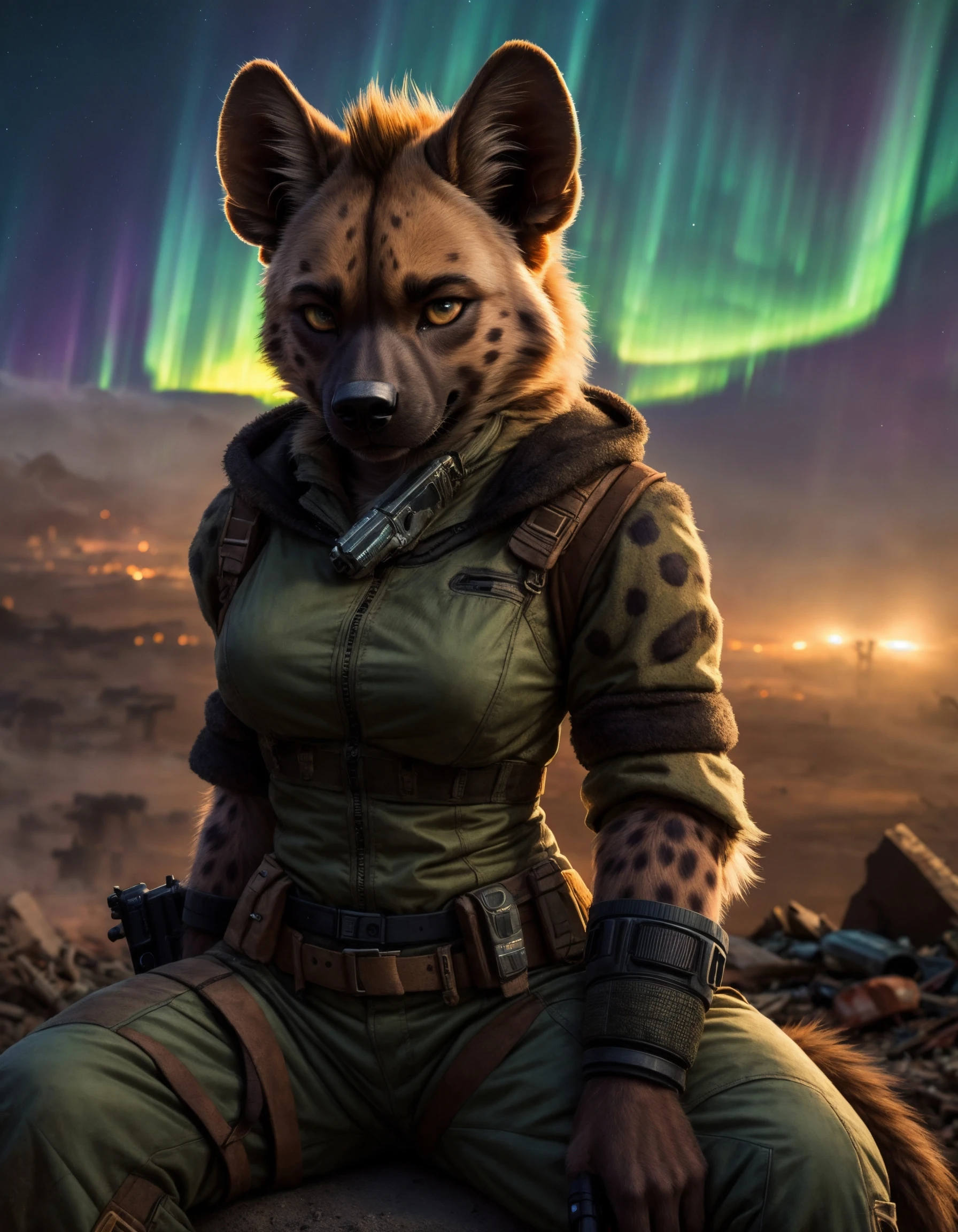 (Highest Quality, 4k, masterpiece:1.1), (realism, photorealistic:1.4), ray traced, hyper realism, soft lighting, detailed background, film grain
BREAK
(beutiful anthro hyena), ((wearing post apocalyptic outfit:1.2)), medium breast inside a destroyed city after nuclear blast, sitting on a ammonition chest,looking down from a hill, holding a gun, looking angry, (perfect anatomy), (aurora borealis), (close up:1.3), high quality photography, 3 point lighting, flash with softbox, 4k, Canon EOS R3, hdr, smooth, sharp focus, high resolution, award winning photo, 80mm, f2.8, bokeh
