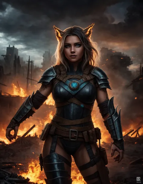 ((detailed woman )), wearing skimpy runes armor, ragnark, destroyed city after nuclear blast flodded with ((black water:1.2)), post apocalyptic, warzone, fire , smoke, high quality photography, 3 point lighting, flash with softbox, 4k, Canon EOS R3, hdr, smooth, sharp focus, high resolution, award winning photo, 80mm, f2.8, bokeh