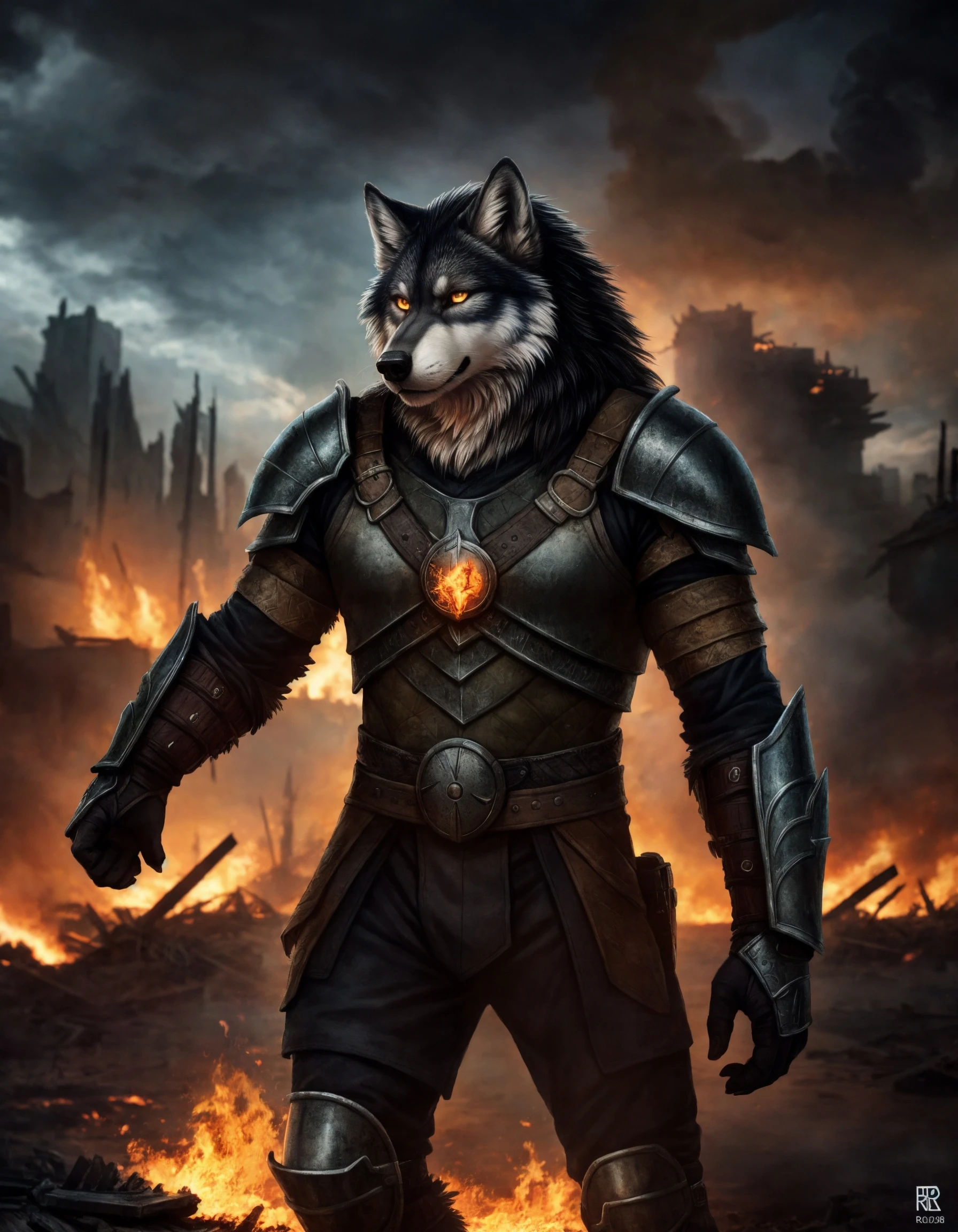 ((detailed fenris wolf )), wearing runes armor, ragnark, destroyed city after nuclear blast flodded with ((black water:1.2)), post apocalyptic, warzone, fire , smoke, high quality photography, 3 point lighting, flash with softbox, 4k, Canon EOS R3, hdr, smooth, sharp focus, high resolution, award winning photo, 80mm, f2.8, bokeh