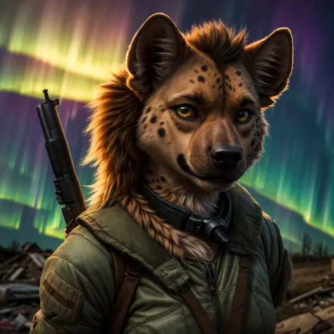 (Highest Quality, 4k, masterpiece:1.1), (realism, photorealistic:1.4), ray traced, hyper realism, soft lighting, detailed background, film grain
BREAK
(beutiful anthro hyena), ((wearing post apocalyptic outfit:1.2)), medium breast inside a destroyed city after nuclear blast, sitting on a ammonition chest,looking down from a hill, holding a gun, looking angry, (perfect anatomy), (aurora borealis), (close up:1.3), high quality photography, 3 point lighting, flash with softbox, 4k, Canon EOS R3, hdr, smooth, sharp focus, high resolution, award winning photo, 80mm, f2.8, bokeh