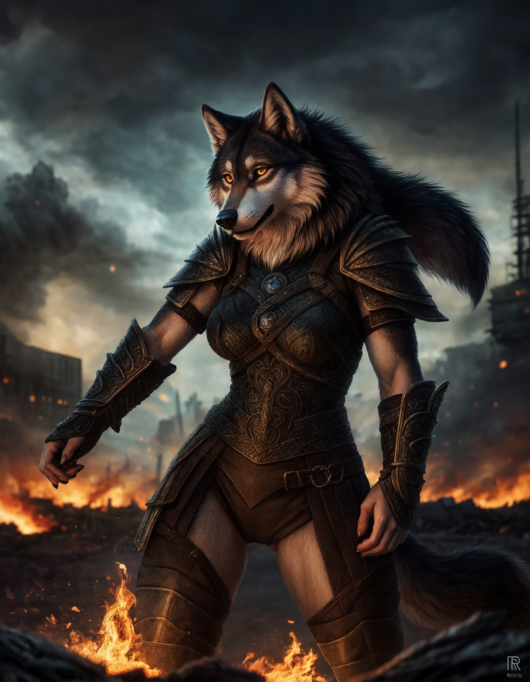 A woman in armor standing in front of a fire - SeaArt AI