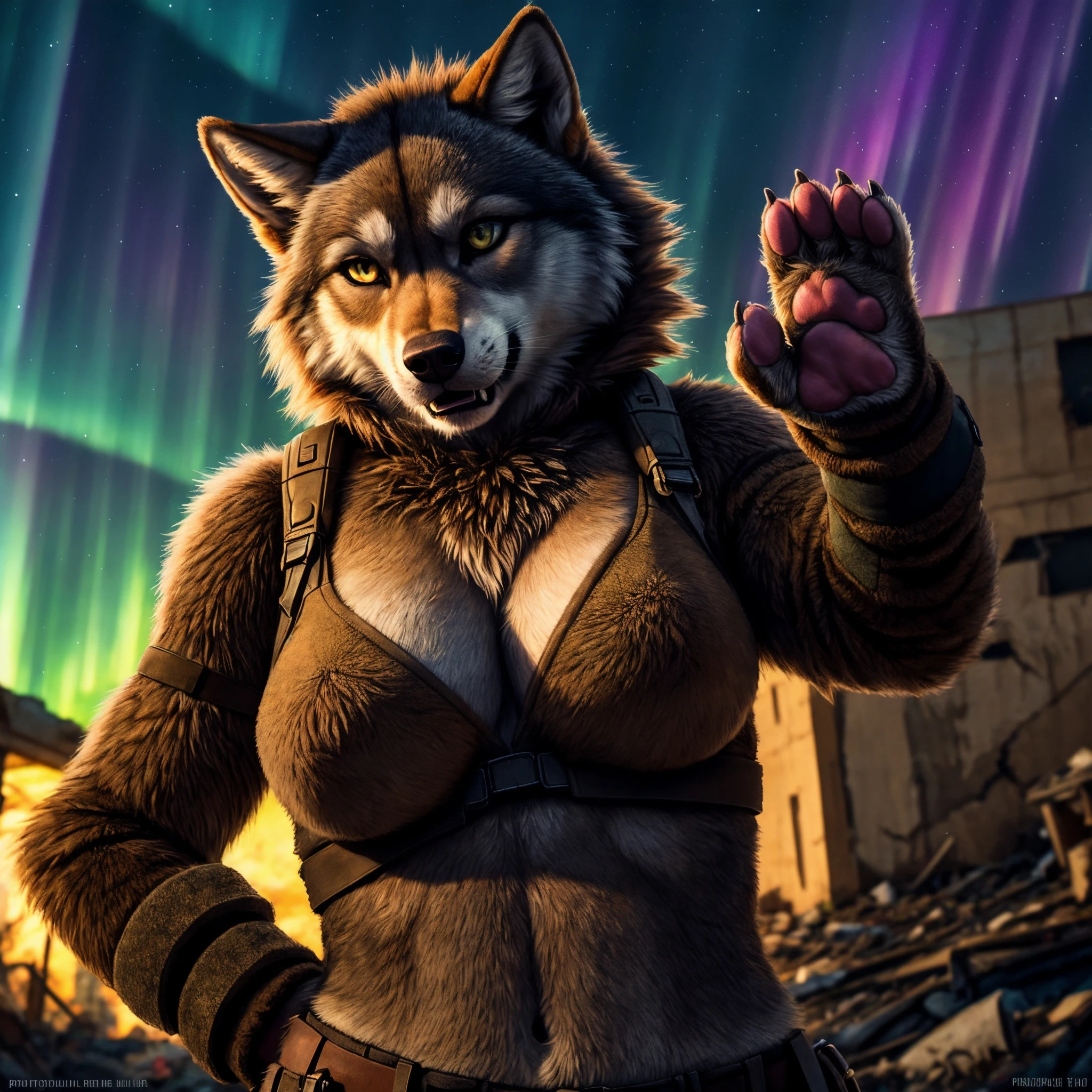(Highest Quality, 4k, masterpiece:1.1), (realism, photorealistic:1.4), ray traced, hyper realism, soft lighting, detailed background, film grain, (detailed fur texture:1.3),
BREAK
((furry:1.3) wolf girl), ((wearing post apocalyptic outfit:1.2)), ((medium breast)), inside a destroyed city after nuclear blast, standing on a ammonition chest,looking down from a hill, holding a gun, looking angry, visible fangs (perfect anatomy),((paws)), (aurora borealis), (close up:1.3), high quality photography, 3 point lighting, flash with softbox, 4k, Canon EOS R3, hdr, smooth, sharp focus, high resolution, award winning photo, 80mm, f2.8, bokeh