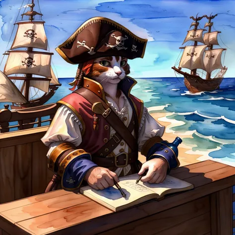 Watercolor painting ((beautiful pirate cat )),wearing pirate outfit, drinking a bottle of rum, (looking over a village from a hill), ships in the distant ocean, visible fangs, masterpiece, best quality, (((sketch doodle))) . Vibrant, beautiful, painterly, detailed, textural, artistic