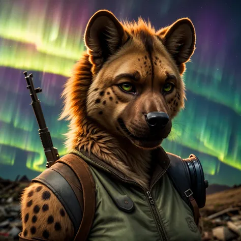 (Highest Quality, 4k, masterpiece:1.1), (realism, photorealistic:1.4), ray traced, hyper realism, soft lighting, detailed background, film grain
BREAK
(beutiful anthro hyena), ((wearing post apocalyptic outfit:1.2)), medium breast inside a destroyed city after nuclear blast, sitting on a ammonition chest,looking down from a hill, holding a gun, looking angry, (perfect anatomy), (aurora borealis), (close up:1.3), high quality photography, 3 point lighting, flash with softbox, 4k, Canon EOS R3, hdr, smooth, sharp focus, high resolution, award winning photo, 80mm, f2.8, bokeh