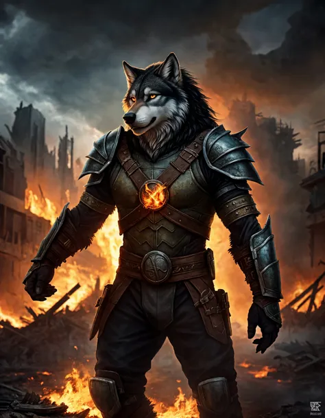 ((detailed fenris wolf )), wearing runes armor, ragnark, destroyed city after nuclear blast flodded with ((black water:1.2)), post apocalyptic, warzone, fire , smoke, high quality photography, 3 point lighting, flash with softbox, 4k, Canon EOS R3, hdr, smooth, sharp focus, high resolution, award winning photo, 80mm, f2.8, bokeh
