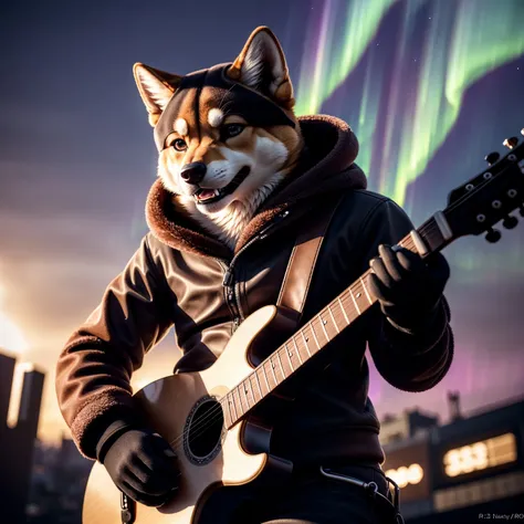 (Highest Quality, 4k, masterpiece:1.1), (realism, photorealistic:1.4), ray traced, hyper realism, soft lighting, detailed background, film grain, (detailed fur texture:1.3),
BREAK
((black metal)) anthro shiba inu plays his guitar on the last day on earth ,(wearing black metal outfit),(( post-apocalyptic destroyed dieselpunk city background)) , fangs , angry, paws,(new dawn), (aurora borealis) , closeup, high quality photography, 3 point lighting, flash with softbox, 4k, Canon EOS R3, hdr, smooth, sharp focus, high resolution, award winning photo, 80mm, f2.8, bokeh
