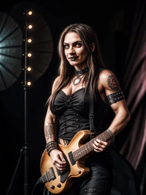 (Highest Quality, 4k, masterpiece, Amazing Details:1.1), standing, post apocalypitic background at dawn, wearing wear out gothic clothes ,medium breast, Shallow Depth of Field, E671, lens 50mm f/2.0, ((gothic woman)), pircings, tatoos, (realistic skin, detailed skin texture:1.2),studded bracelet, ((photorealistic) (RAW Photo)), (playing guitar), angry, evil smile, high quality photography, 3 point lighting, flash with softbox, 4k, Canon EOS R3, hdr, smooth, sharp focus, high resolution, award winning photo, 80mm, f2.8, bokeh
