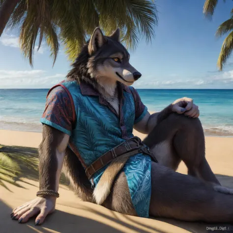 (dark_digital_art), masterpiece, amazing quality, amazing res, 4k, (fenris wolf), anthro, (detailed fur:1.2), (wearing rune_hawaiian_shirt_armor), metal, chilling at the beach (blue water:1.0), sunshine, happy, drink