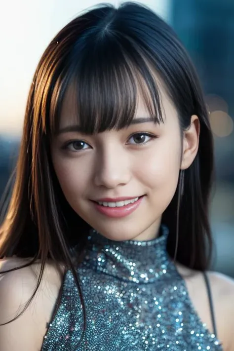 1girl,(wearing a turtleneck sleeveless glittery evening dress),(RAW photo, best quality), (realistic, photo-realistic:1.4), masterpiece, an extremely delicate and beautiful, extremely detailed, 2k wallpaper, Amazing, finely detail, extremely detailed CG unity 8k wallpaper, ultra-detailed, highres, soft light, beautiful detailed girl, extremely detailed eyes and face, beautiful detailed nose, beautiful detailed eyes,cinematic lighting,city lights at night,perfect anatomy,slender body,wide smile,bokeh, close up,<lora:akaseakariV2_lora:0.8>