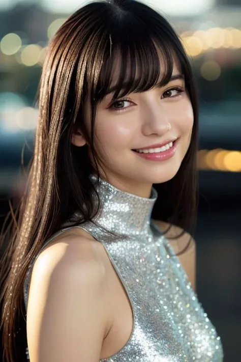 1girl,(wearing a turtleneck sleeveless glittery evening dress),(RAW photo, best quality), (realistic, photo-realistic:1.4), masterpiece, an extremely delicate and beautiful, extremely detailed, 2k wallpaper, Amazing, finely detail, extremely detailed CG unity 8k wallpaper, ultra-detailed, highres, soft light, beautiful detailed girl, extremely detailed eyes and face, beautiful detailed nose, beautiful detailed eyes,cinematic lighting,city lights at night,perfect anatomy,slender body,wide smile,bokeh, close up,<lora:akaseakariV2_lora:0.8>