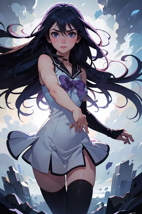 (masterpiece, best quality), 1girl, <lora:nekokuroha-lora-nochekaiser:1> neko kuroha, black hair, blue eyes, long hair, hair between eyes, bow, collarbone, sailor collar, sleeveless, thighhighs, black thighhighs, zettai ryouiki,