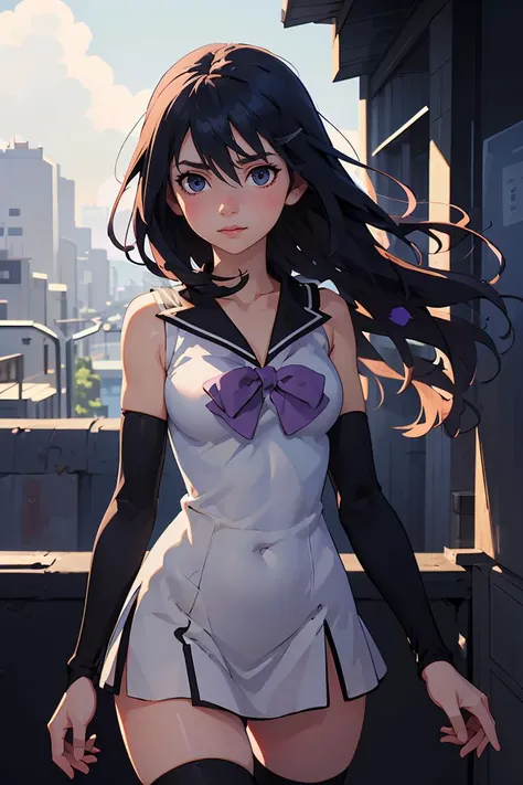 (masterpiece, best quality), 1girl, <lora:nekokuroha-lora-nochekaiser:1> neko kuroha, black hair, blue eyes, long hair, hair between eyes, bow, collarbone, sailor collar, sleeveless, thighhighs, black thighhighs, zettai ryouiki,