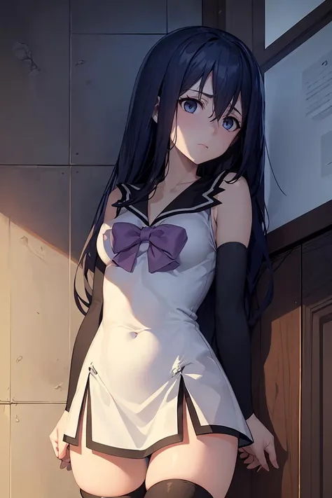 (masterpiece, best quality), 1girl, <lora:nekokuroha-lora-nochekaiser:1> neko kuroha, black hair, blue eyes, long hair, hair between eyes, bow, collarbone, sailor collar, sleeveless, thighhighs, black thighhighs, zettai ryouiki,