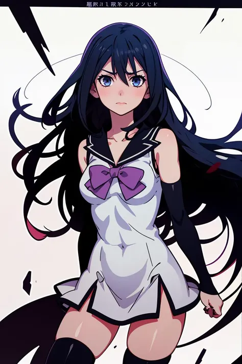 (masterpiece, best quality), 1girl, <lora:nekokuroha-lora-nochekaiser:1> neko kuroha, black hair, blue eyes, long hair, hair between eyes, bow, collarbone, sailor collar, sleeveless, thighhighs, black thighhighs, zettai ryouiki,