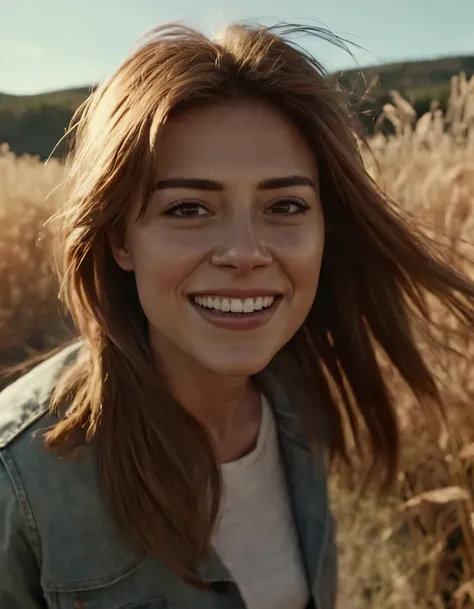 In the cinematic scene, a woman with long brown hair, a gorgeous smile revealing her teeth and glimmering brown eyes, captures a film still of herself while standing near waving grasses in a fictional landscape lit by intense sunlight. She wears a photo-realistic detail that showcases detailed character expressions, as she stands in front of a ground vehicle with brown hair blowing in the wind, against the backdrop of the amazing quality wallpaper featuring light amber and red tones reminiscent of analog film grain. In the background, another woman with blonde hair sits in a nearby motor vehicle observing the scenery, while JojoSnow01 leans in front of it all as one, revealing an intense brooding mood inspired by the depth of field and rich ue5 lighting, creating an immersive ambiance of realist detail. <lora:rixkwt18e0c212a26n14d:1>