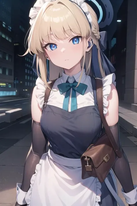 tokiasuma, <lora:tokitest:1>, toki, blonde hair, blue eyes, hair bun, short hair,
BREAK apron, belt pouch, black dress, black gloves, blue bow, bow, dress, elbow gloves, fingerless gloves, gloves, halo, long sleeves, maid, maid apron, maid headdress, pouch,,
BREAK looking at viewer,
BREAK city,
BREAK <lyco:GoodHands-beta2:1>, (masterpiece:1.2), best quality, high resolution, unity 8k wallpaper, (illustration:0.8), (beautiful detailed eyes:1.6), extremely detailed face, perfect lighting, extremely detailed CG, (perfect hands, perfect anatomy),
