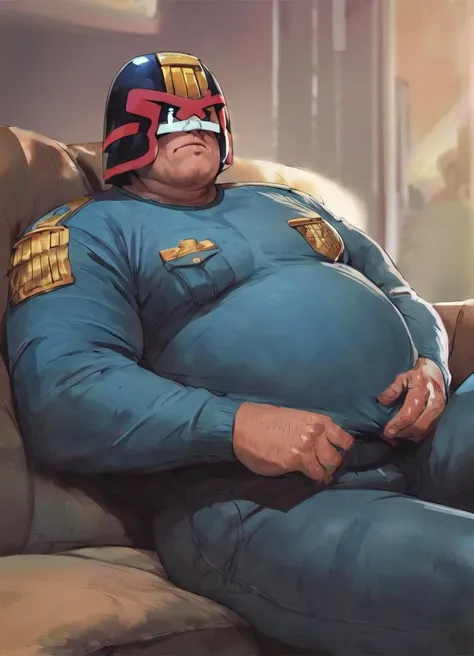 jdgdrddcom, man relaxing on the couch watching tv, overweight, fat, uniform, shiny helmet, source_cartoon,
 <lora:Judge_Dredd_Comic_Style_Pony_SDXL:0.8>, score_9, score_8_up, score_7_up,