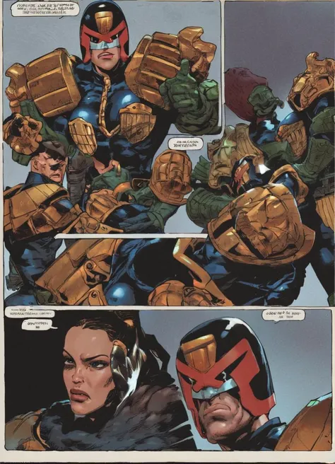jdgdrddcom, woman, wide stance, heroic pose, shiny uniform, armor, shiny helmet, source_cartoon, cinematic, comic,
<lora:Judge_Dredd_Comic_Style_Pony_SDXL:0.8>, score_9, score_8_up, score_7_up,
