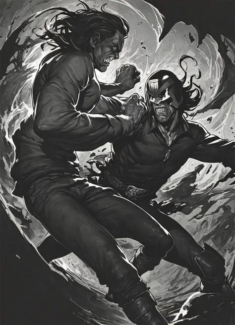 pencil drawing, man,jdgdrddcom, helmet, uniform, boots, grim expression, dark room, dark, hard shadows, monochrome, hard light, in action, fighting,
<lora:Judge_Dredd_Comic_Style_Pony_SDXL:0.8> <lora:Dark_Novel:0.8>, score_9, score_8_up, score_7_up,